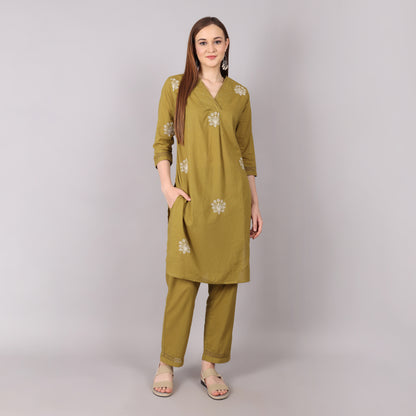 Floral Embroidered Pleated Beads & Stones Pure Cotton Kurta Set