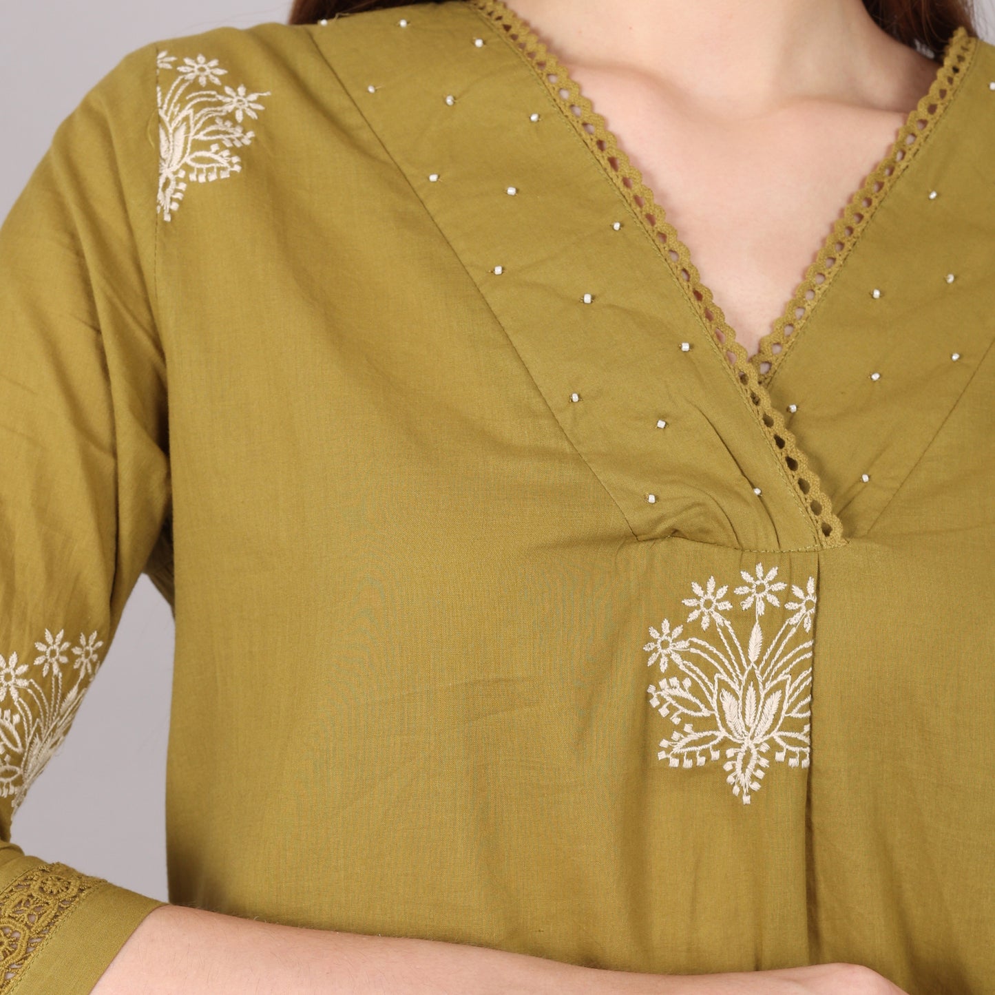 Floral Embroidered Pleated Beads & Stones Pure Cotton Kurta Set