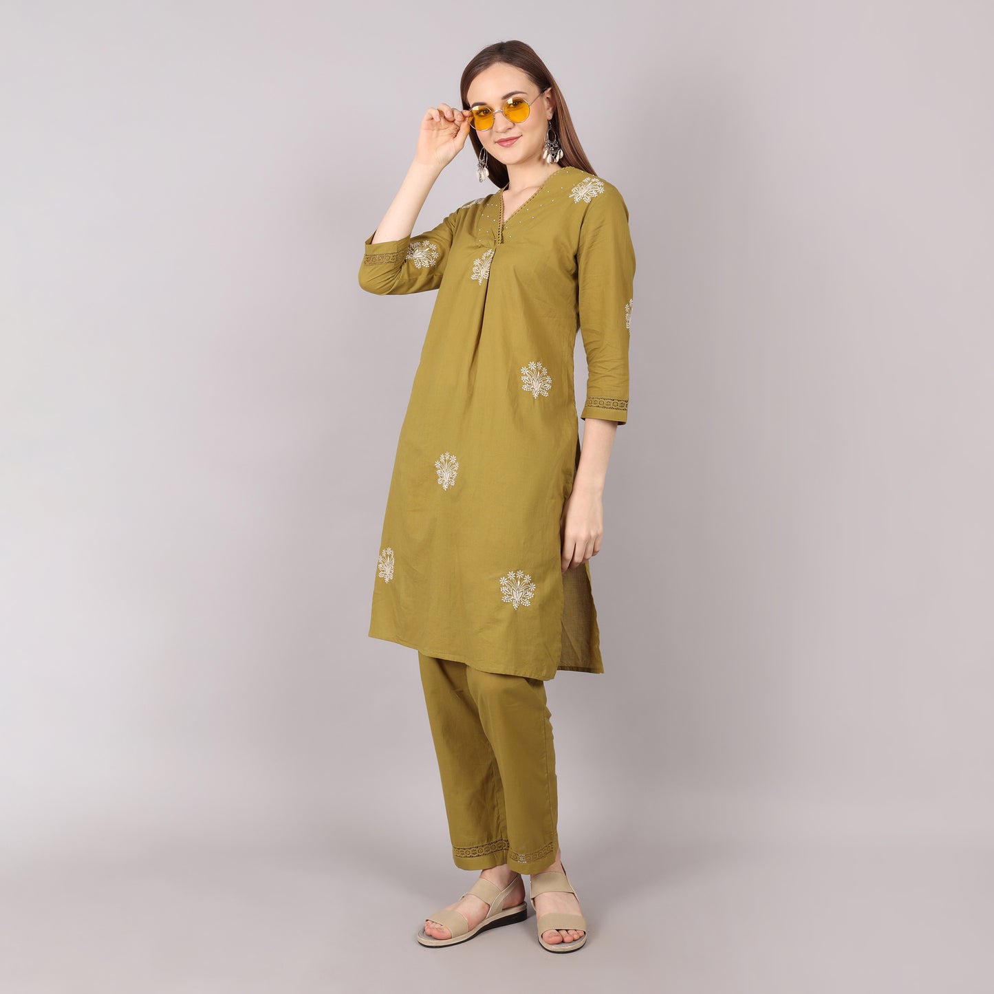 Floral Embroidered Pleated Beads & Stones Pure Cotton Kurta Set