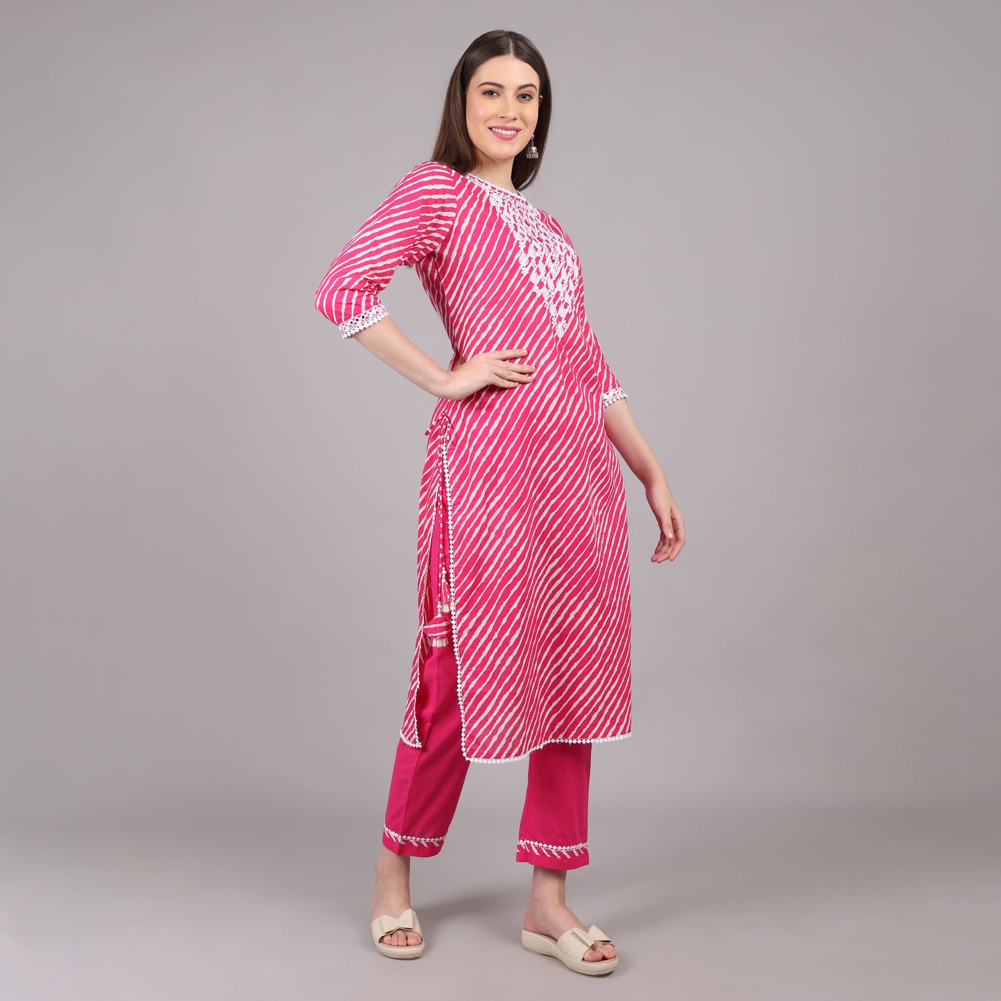 Pink Leheriya Kurta Set