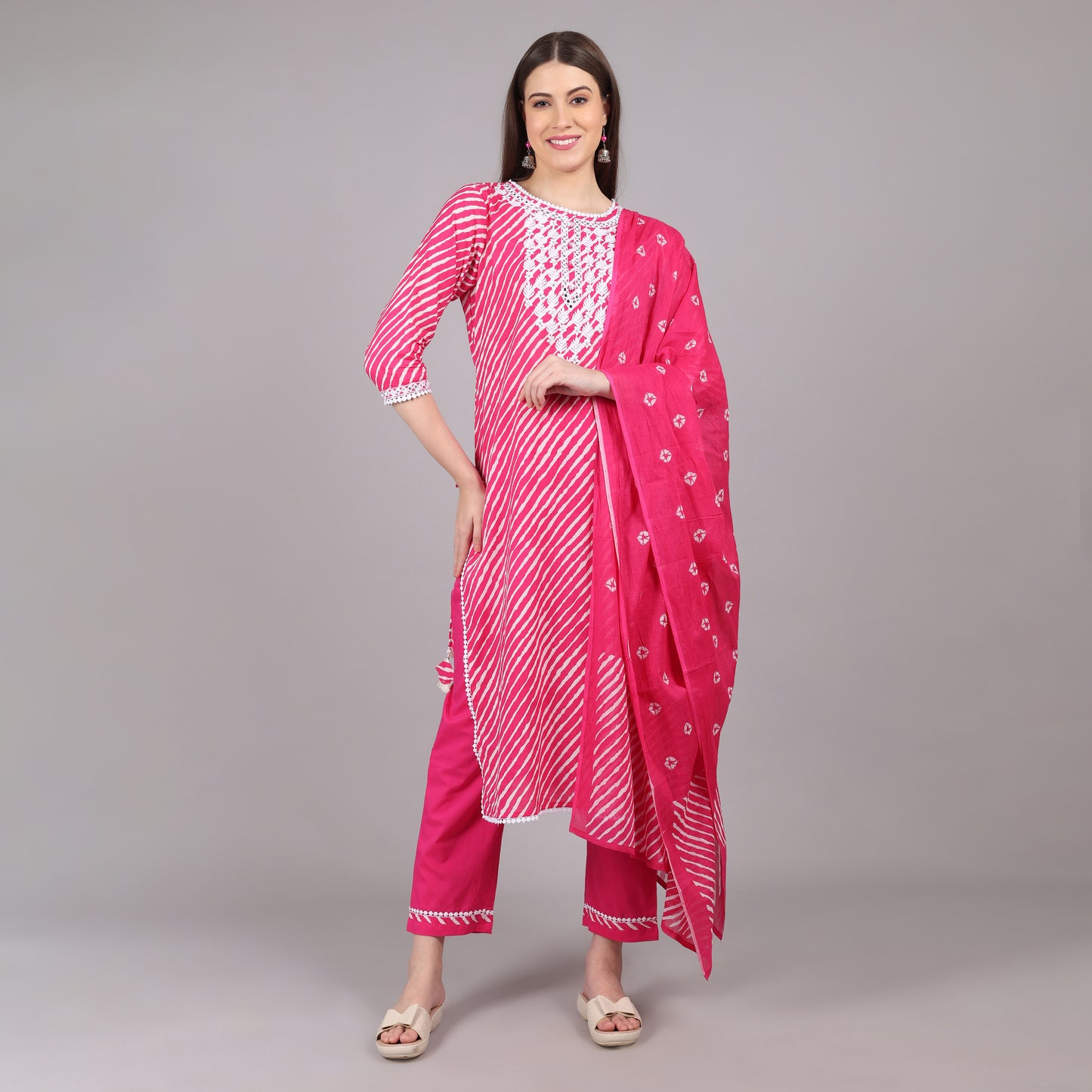 Pink Leheriya Kurta Set