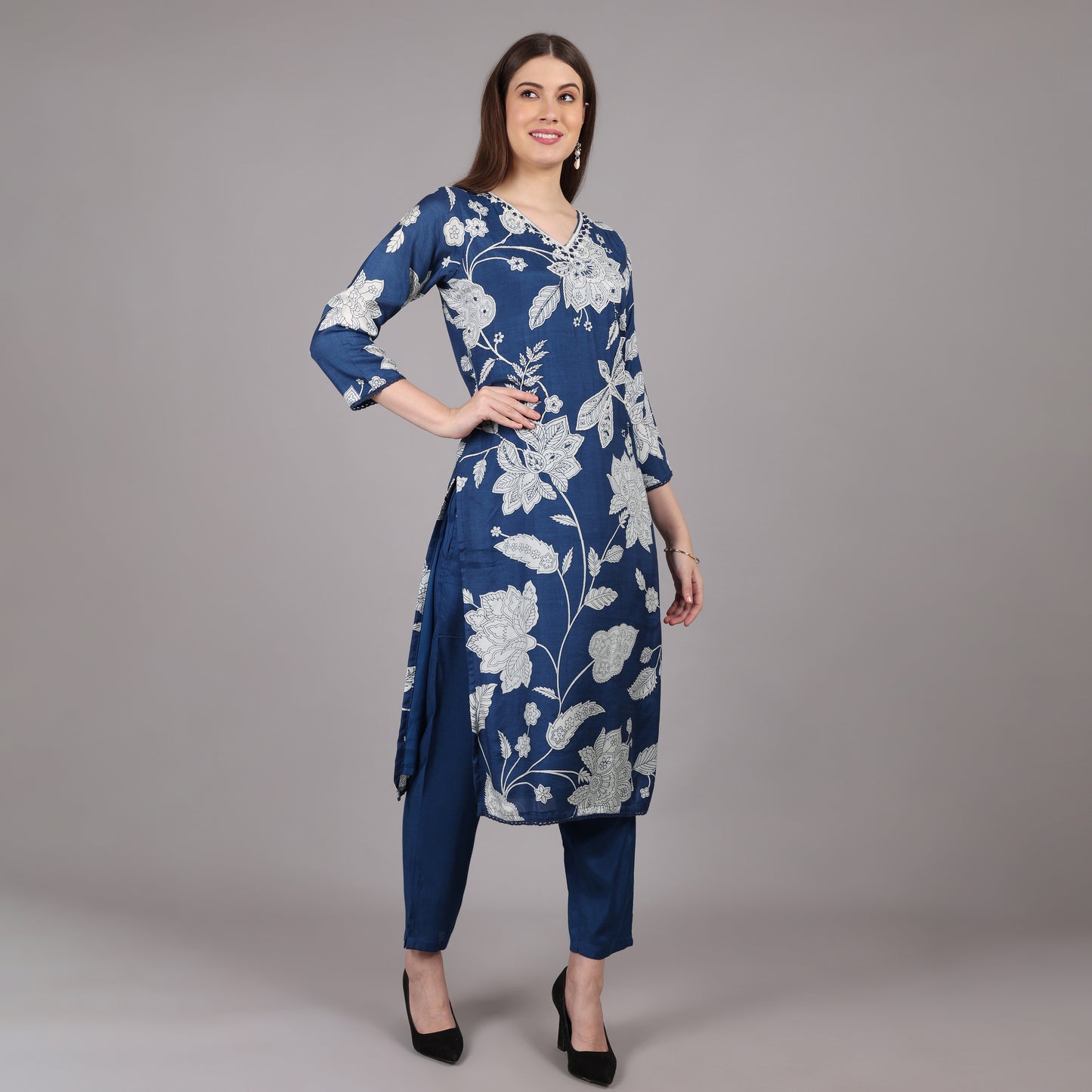 Navy Pure Crepe Kurta Set with handwork