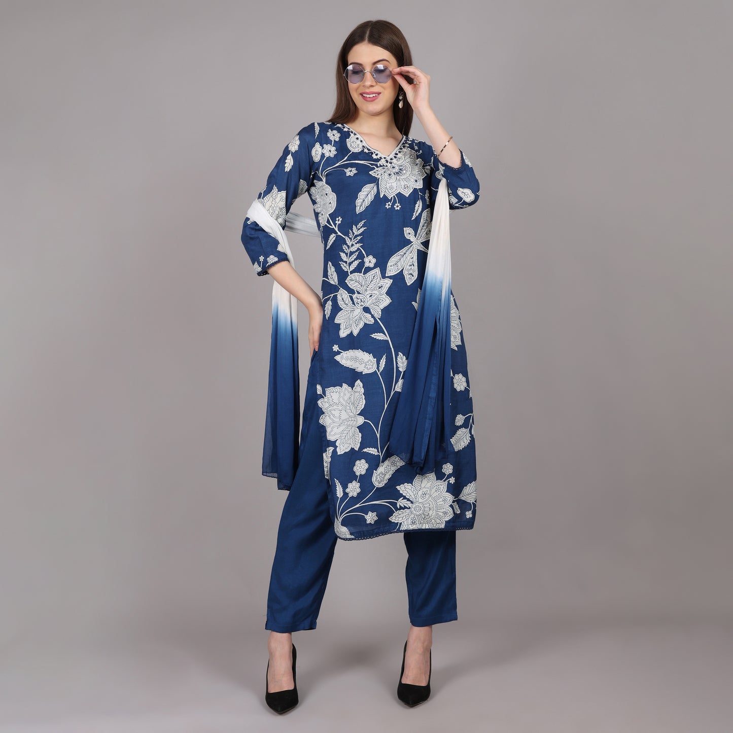 Navy Pure Crepe Kurta Set with handwork