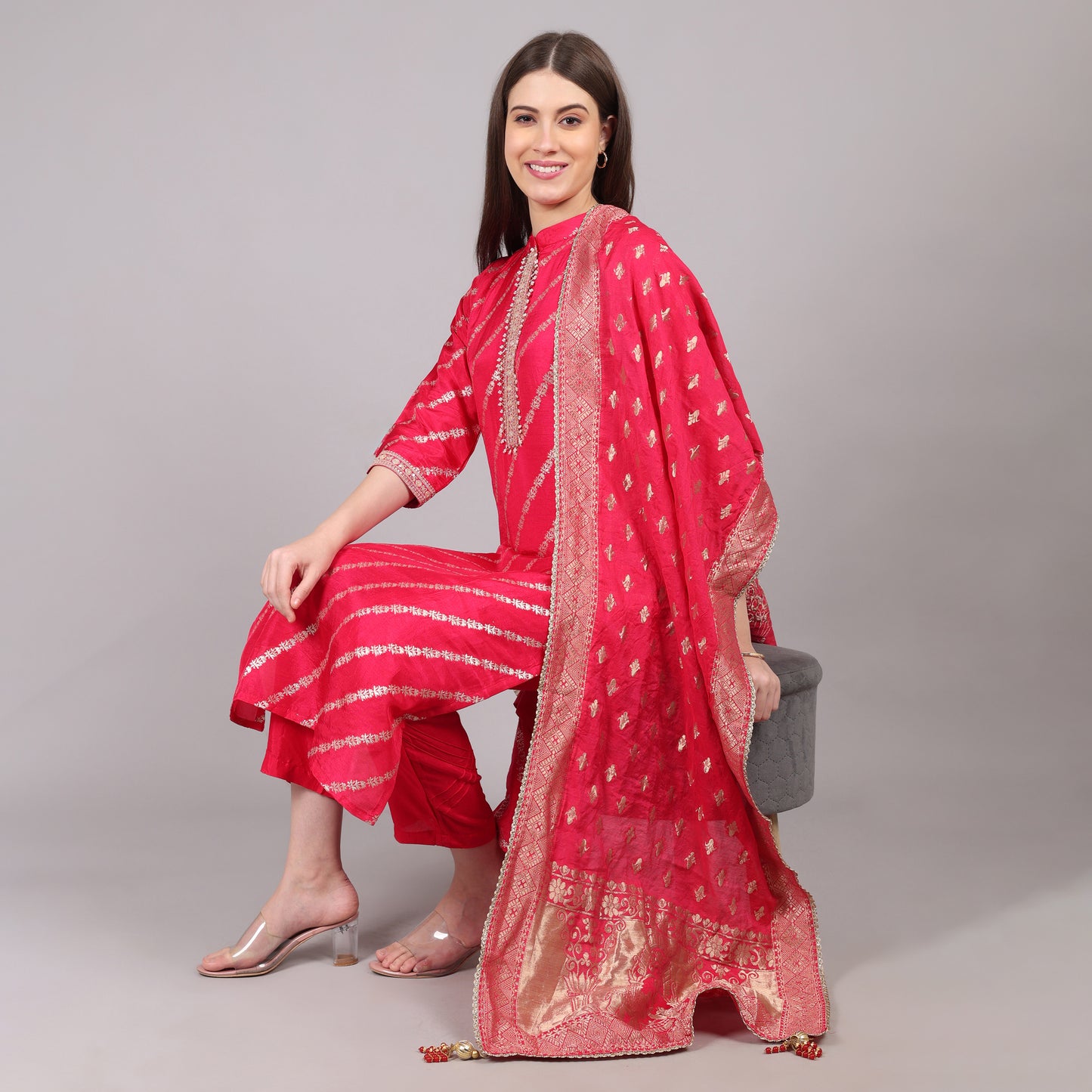 Hot Pink Dola Silk Kurta Set