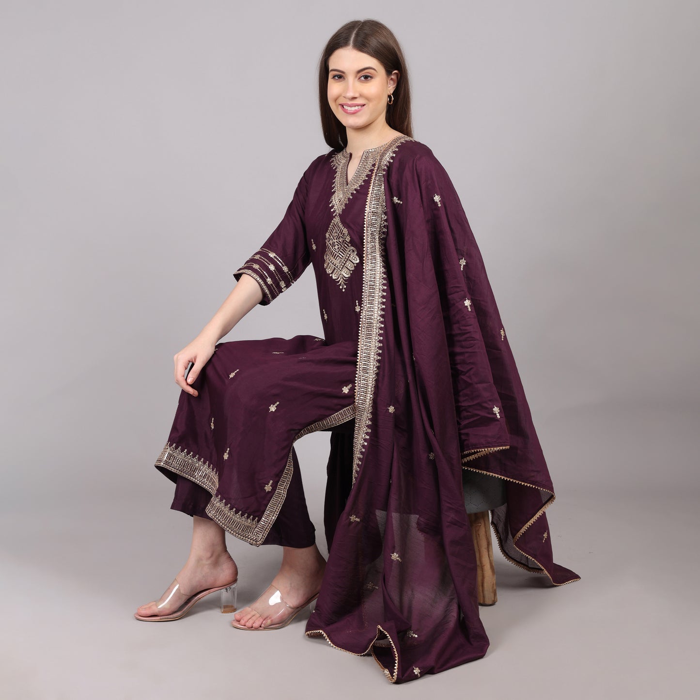 Wine Silk Emroidered Kurta Set