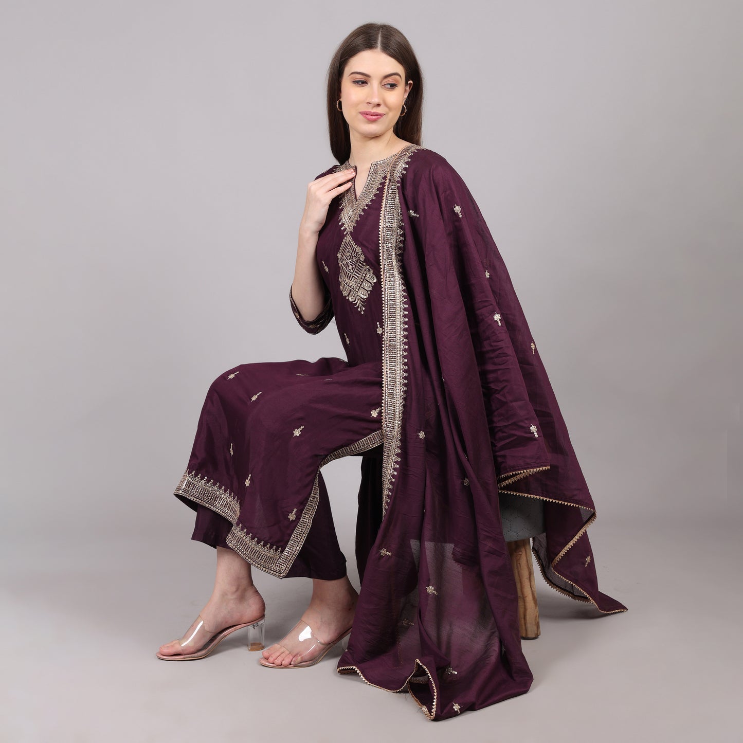 Wine Silk Emroidered Kurta Set