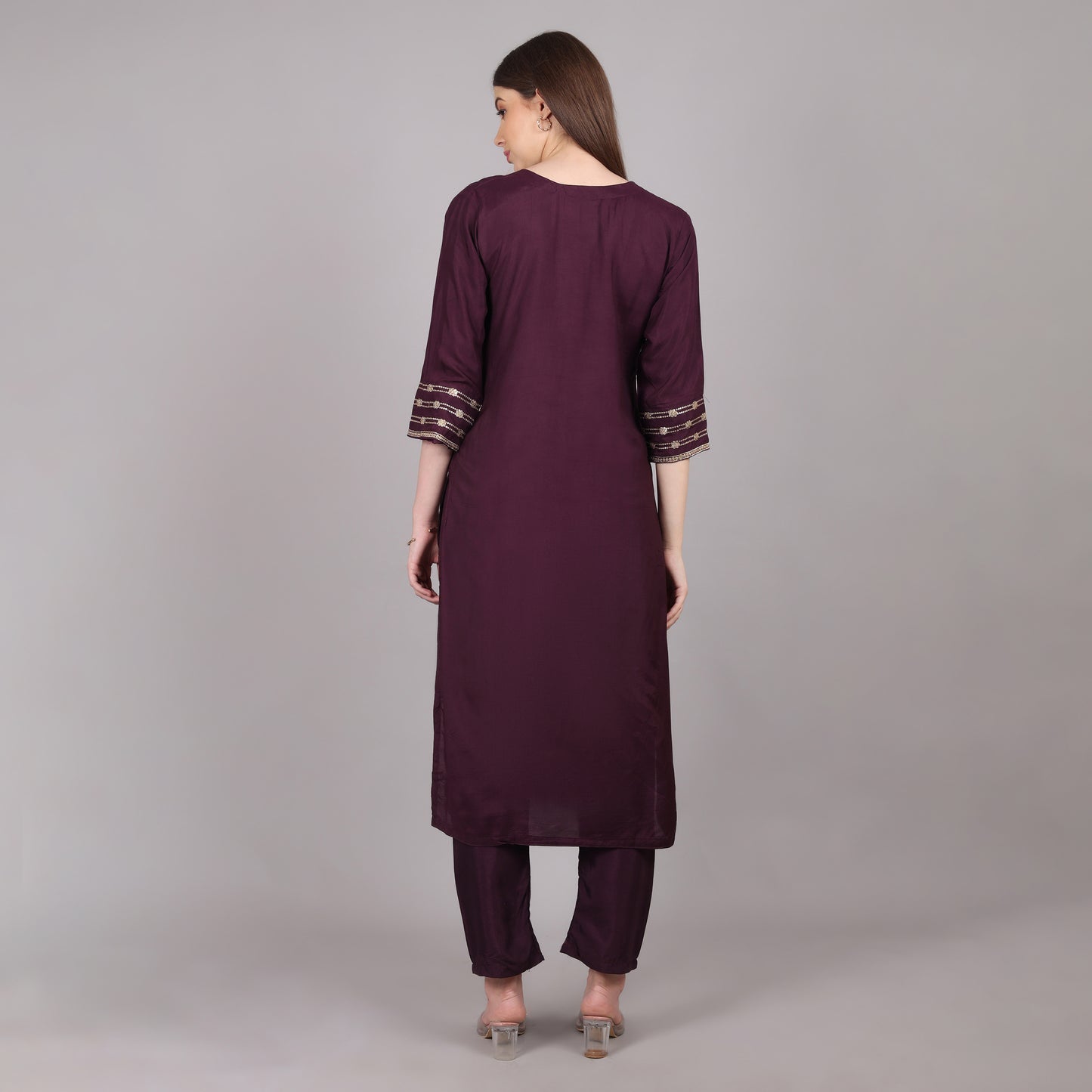 Wine Silk Emroidered Kurta Set