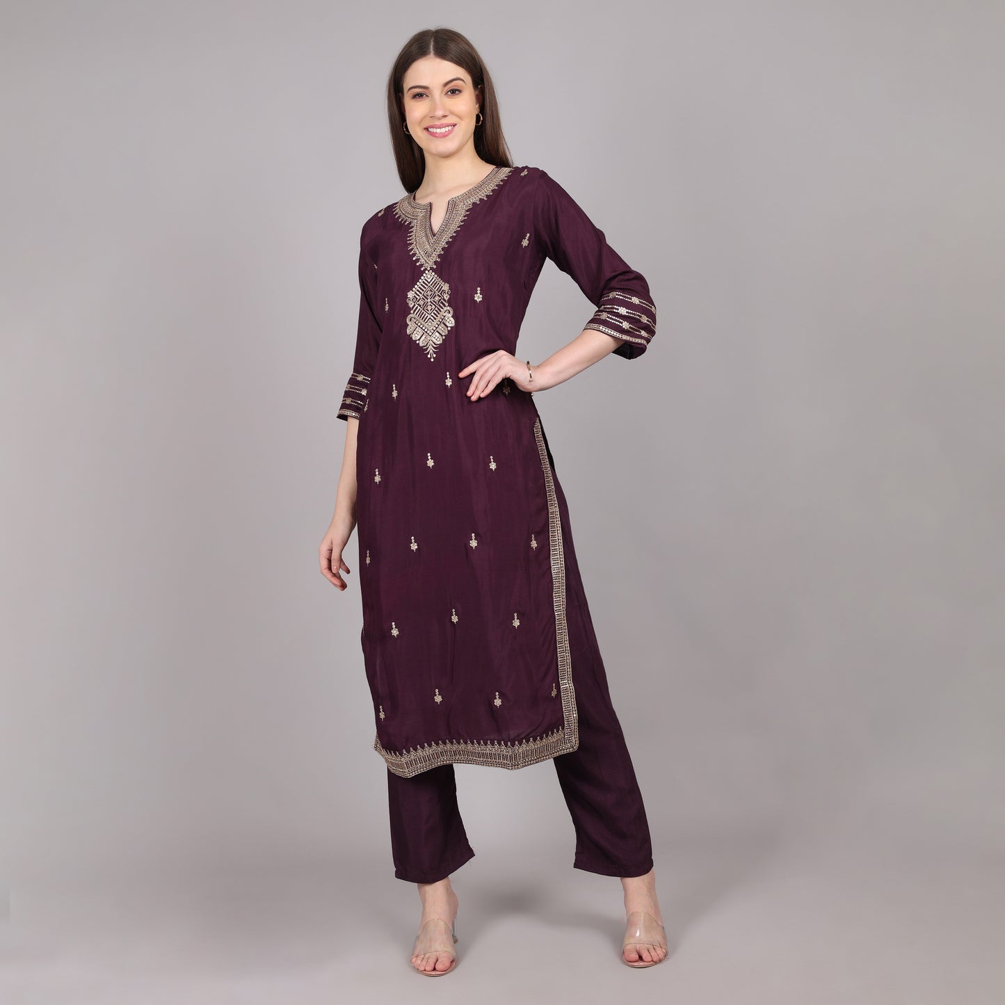 Wine Silk Emroidered Kurta Set