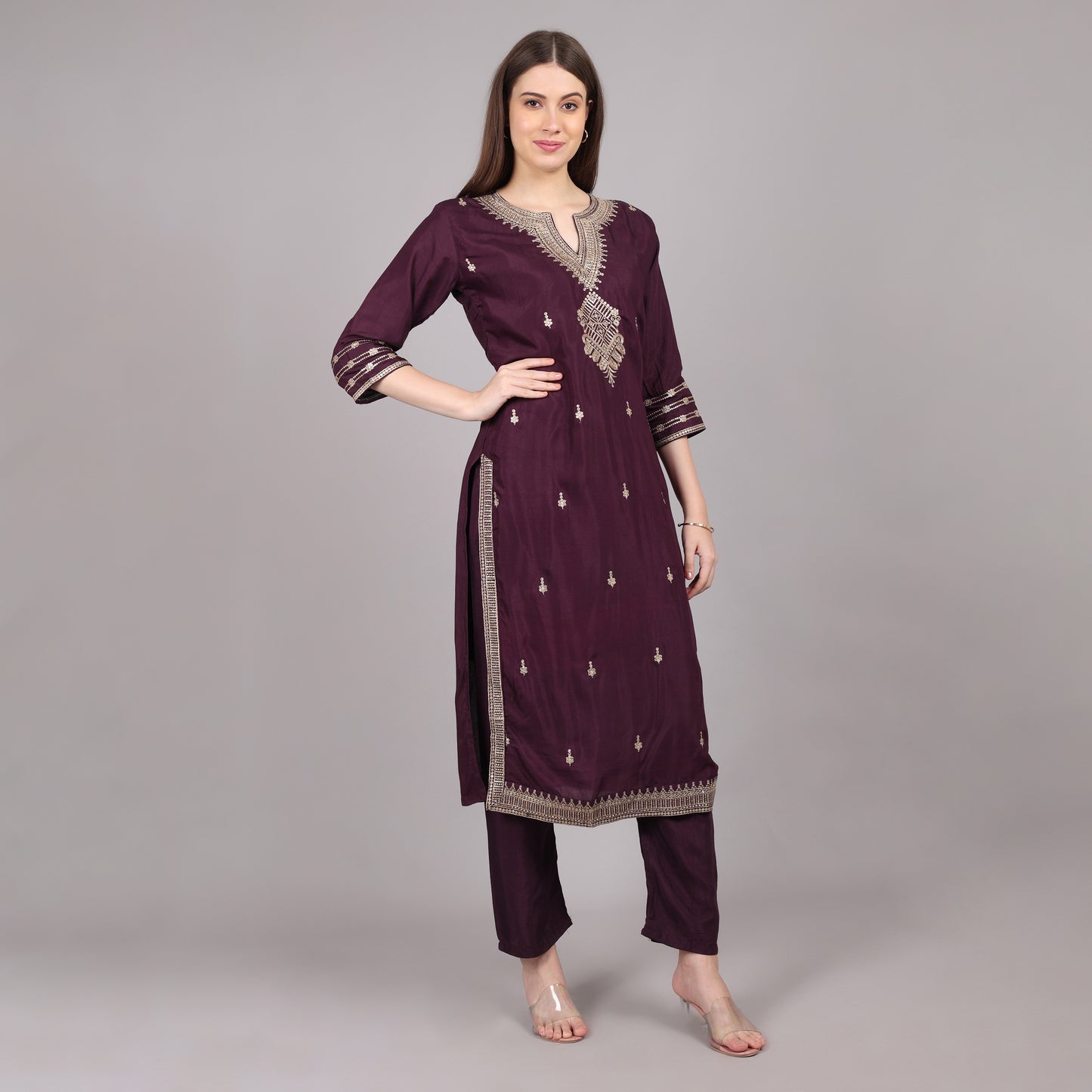 Wine Silk Emroidered Kurta Set