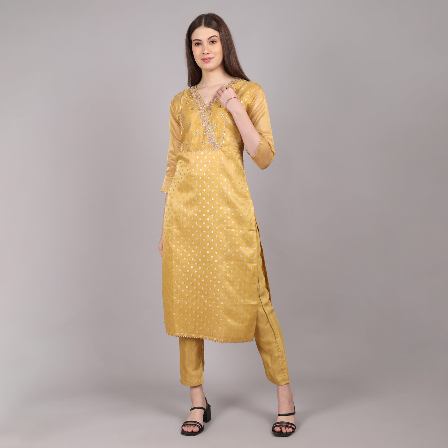 Golden Pure Tissue Kurta Set