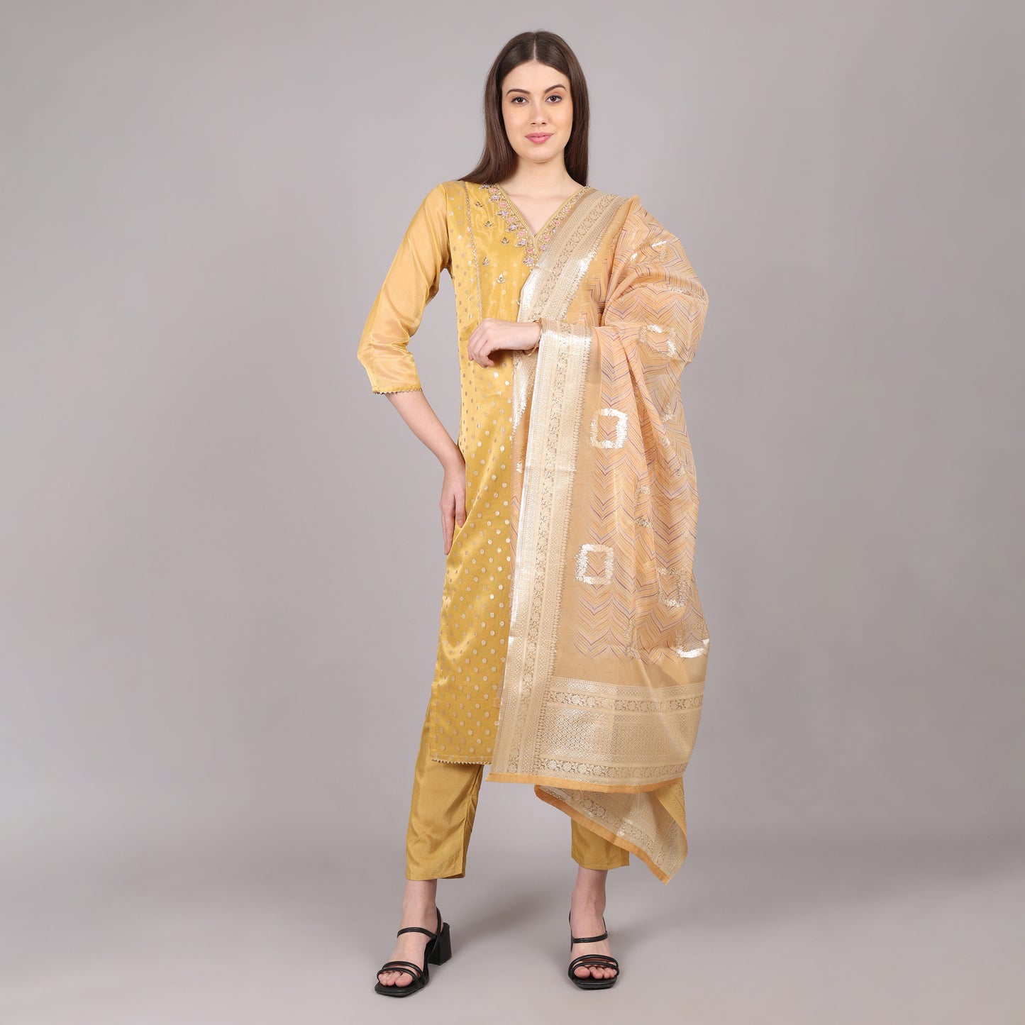 Golden Pure Tissue Kurta Set