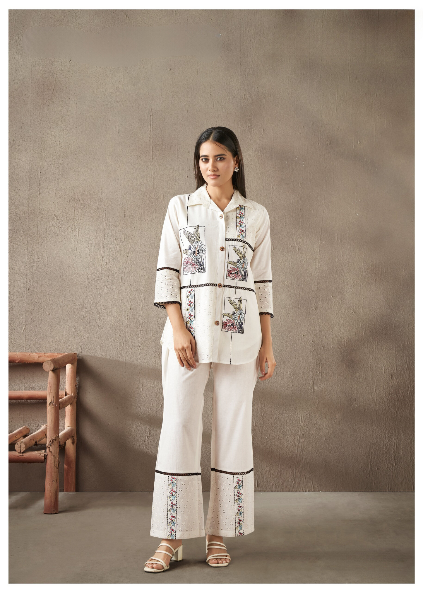 Off White Schiffli Embroidered Co-ord Set